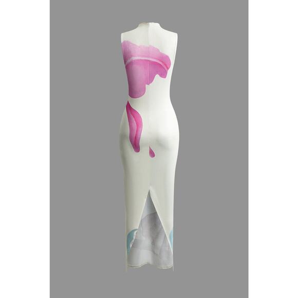 Micas Floral Print Mock Neck Slit Sleeveless Maxi Dress Elegant Stretch White M - Picture 6 of 9